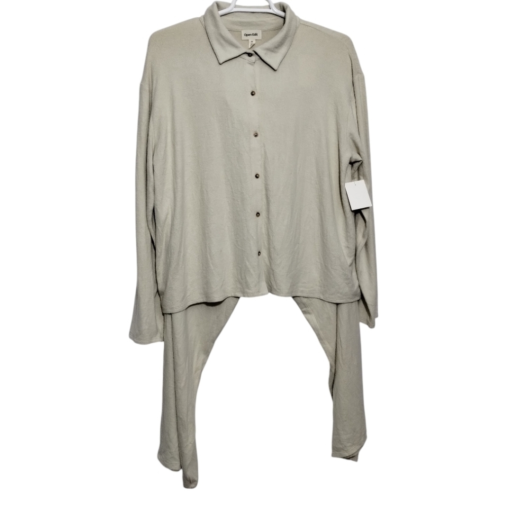 Open Edit 2 Piece Women's Lounge Wear Soft Cozy Neutral Knit Shirt Pants